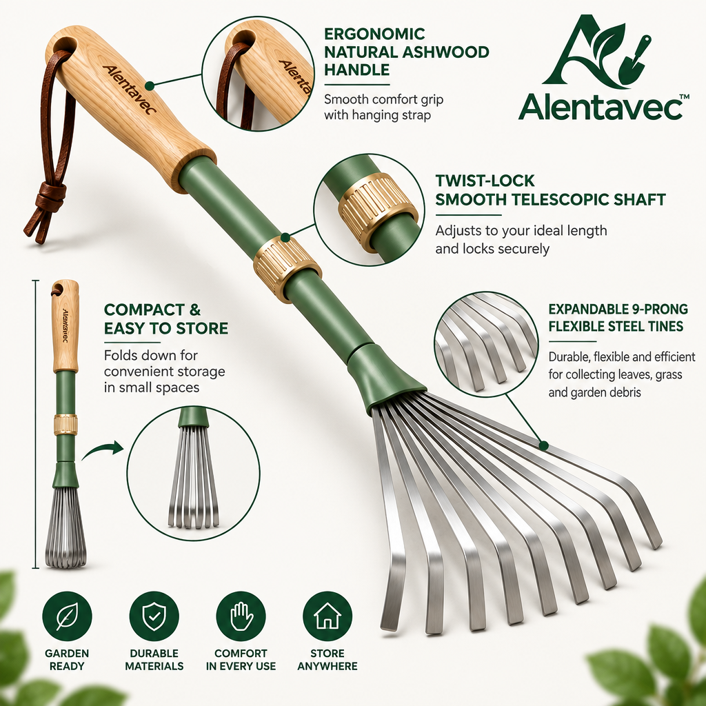 Alentavec™ Adjustable Telescopic Stainless Steel Lawn Leaf Rake