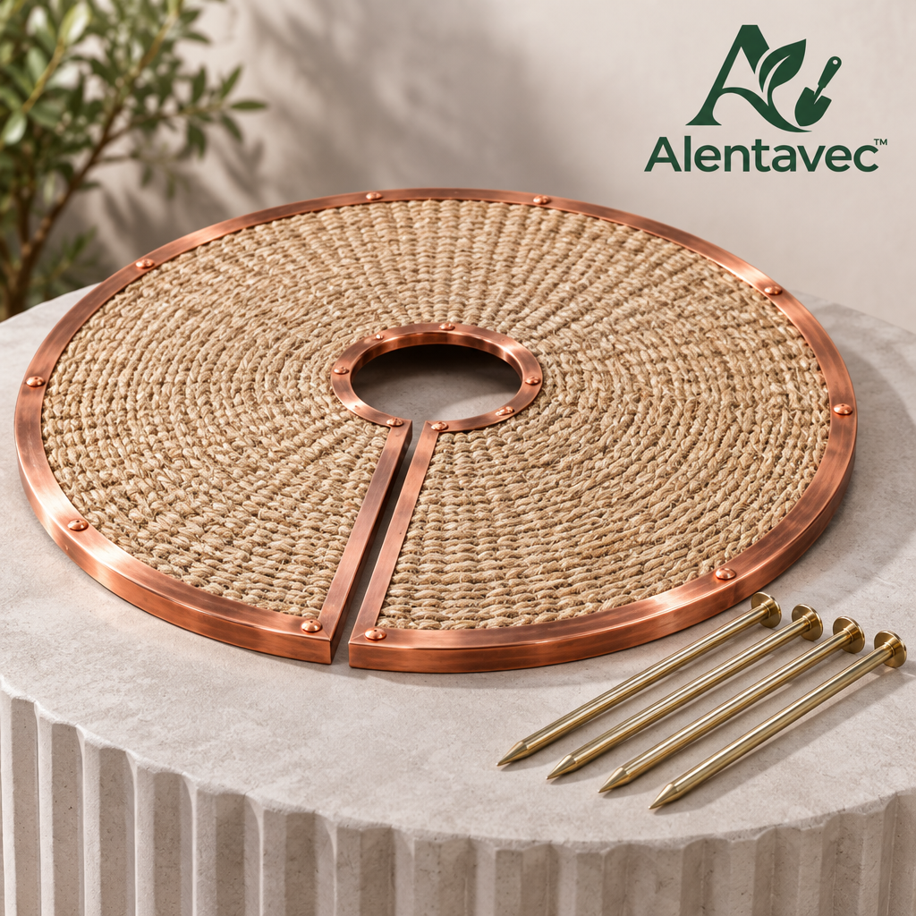 Alentavec™ Pure Copper-Edged Natural Jute Weed Barrier & Slug Deterrent Tree Mulch Mat Ring