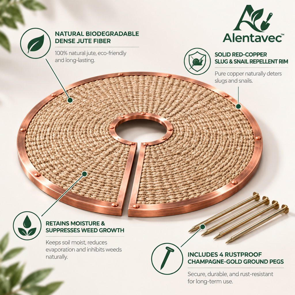 Alentavec™ Pure Copper-Edged Natural Jute Weed Barrier & Slug Deterrent Tree Mulch Mat Ring