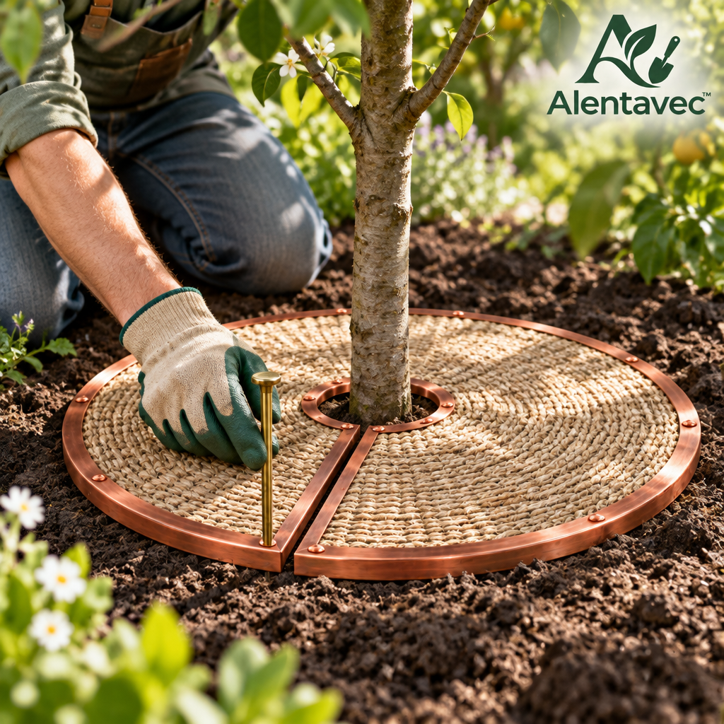 Alentavec™ Pure Copper-Edged Natural Jute Weed Barrier & Slug Deterrent Tree Mulch Mat Ring