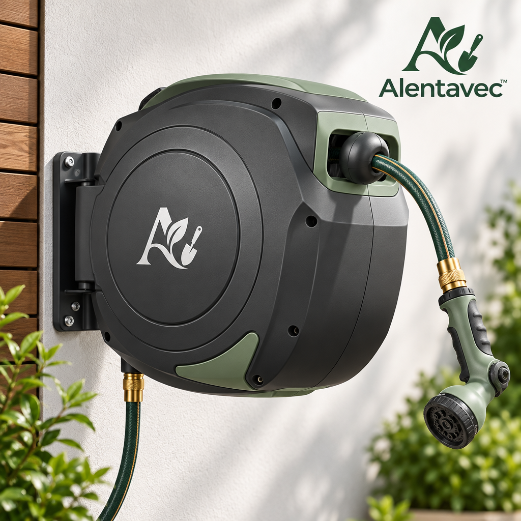 Alentavec™ Wall-Mounted Retractable Garden Hose Reel, 65ft Heavy-Duty All-Weather Hose, 180° Swivel Bracket & Auto-Rewind System