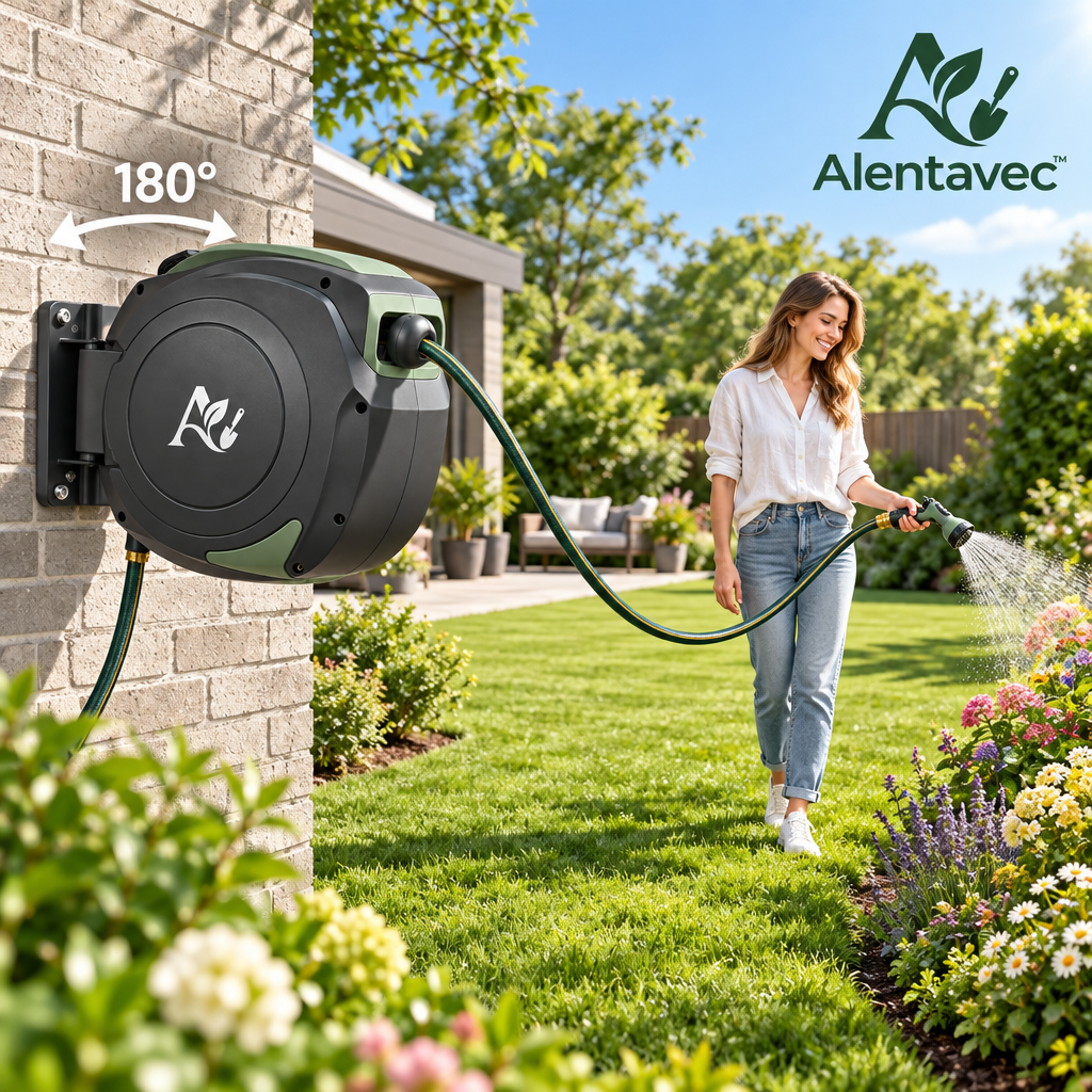 Alentavec™ Wall-Mounted Retractable Garden Hose Reel, 65ft Heavy-Duty All-Weather Hose, 180° Swivel Bracket & Auto-Rewind System