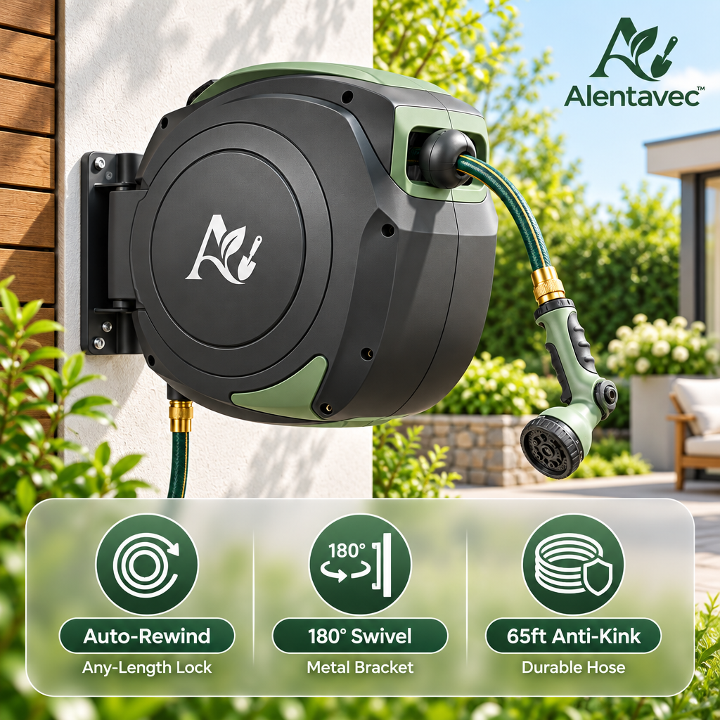 Alentavec™ Wall-Mounted Retractable Garden Hose Reel, 65ft Heavy-Duty All-Weather Hose, 180° Swivel Bracket & Auto-Rewind System