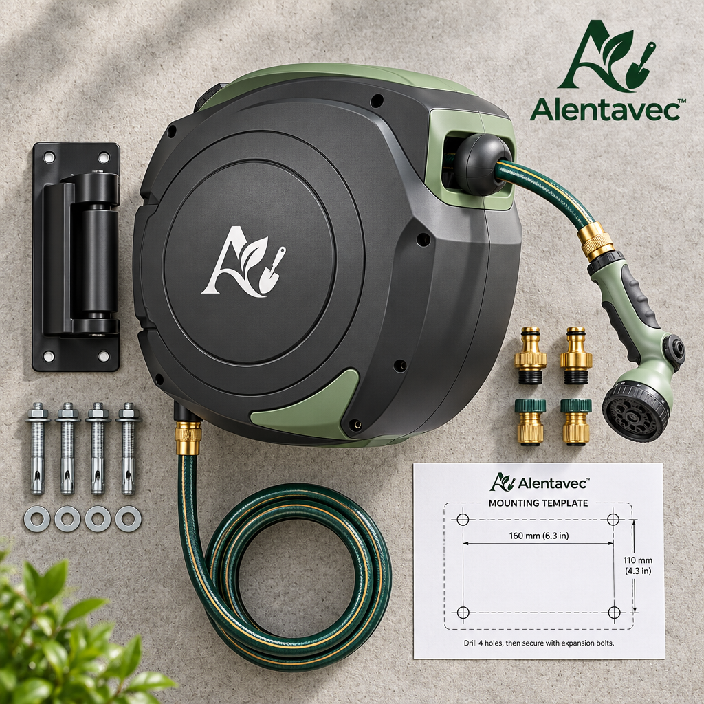 Alentavec™ Wall-Mounted Retractable Garden Hose Reel, 65ft Heavy-Duty All-Weather Hose, 180° Swivel Bracket & Auto-Rewind System