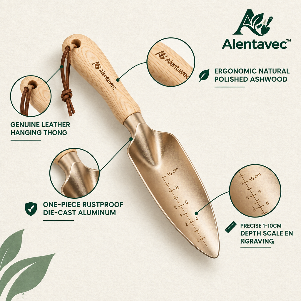Alentavec™ RootGrip Ergonomic Solid Ash Wood & Cast Aluminum Mini Transplanting Trowel