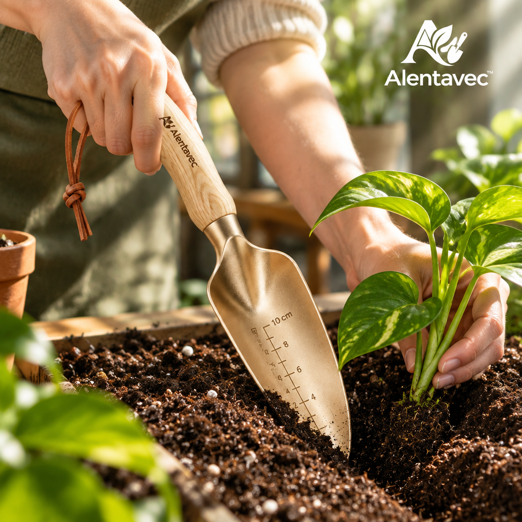 Alentavec™ RootGrip Ergonomic Solid Ash Wood & Cast Aluminum Mini Transplanting Trowel