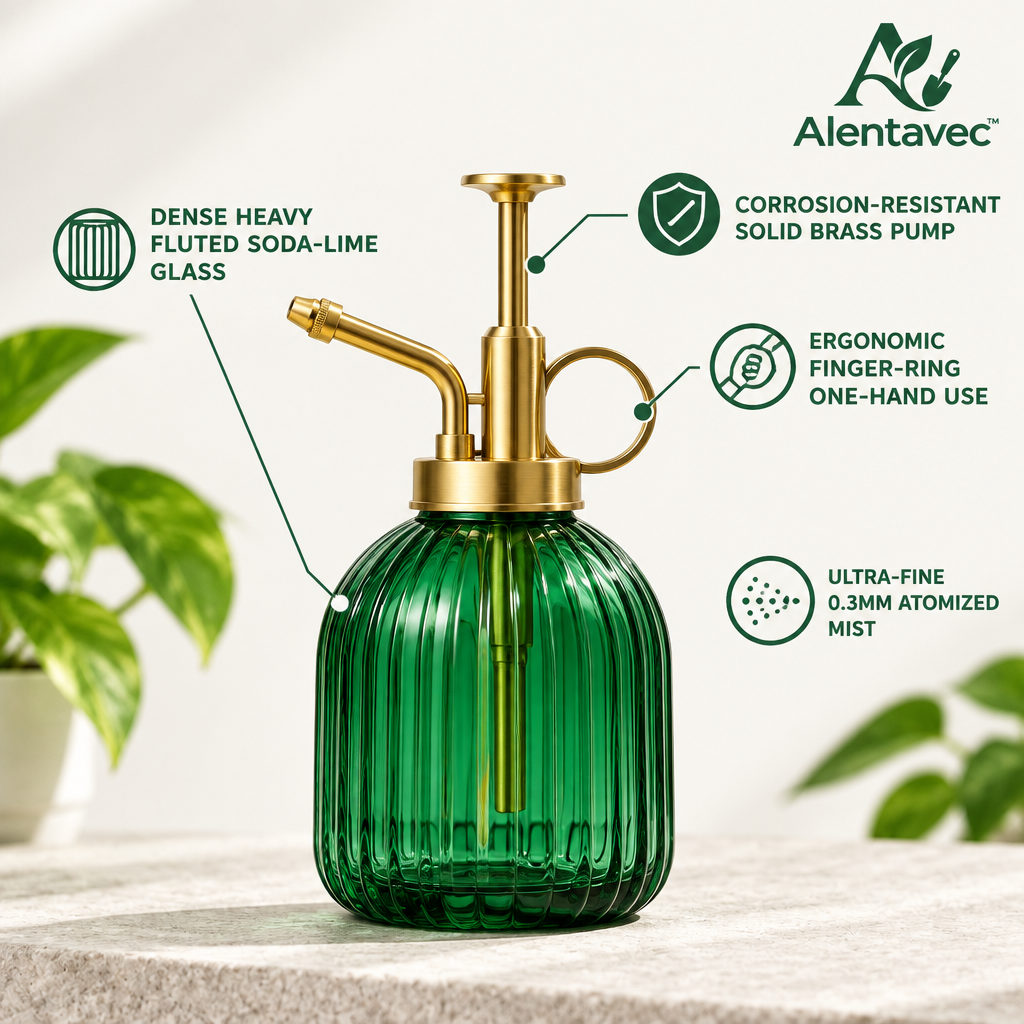 Alentavec™ VelvetMist Vintage Fluted Glass Plant Mister with Brass Pump