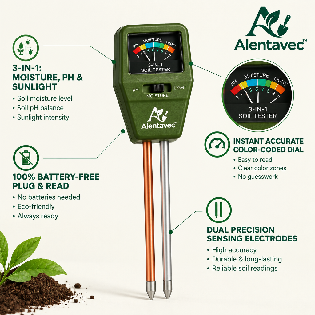 Alentavec™ SoilSense 3-in-1 Battery-Free Soil Moisture, pH & Light Tester